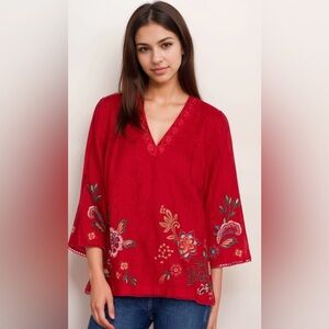 Johnny Was Red  Linen VNeck Top w/ Embroidery🌺